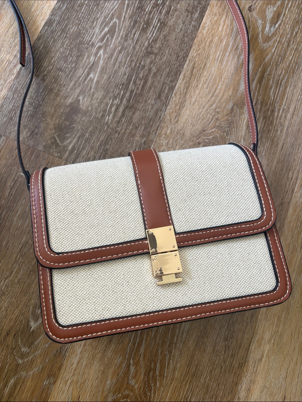 H&M Cream Canvas Crossbody with Brown Leather Trim and Gold Lock